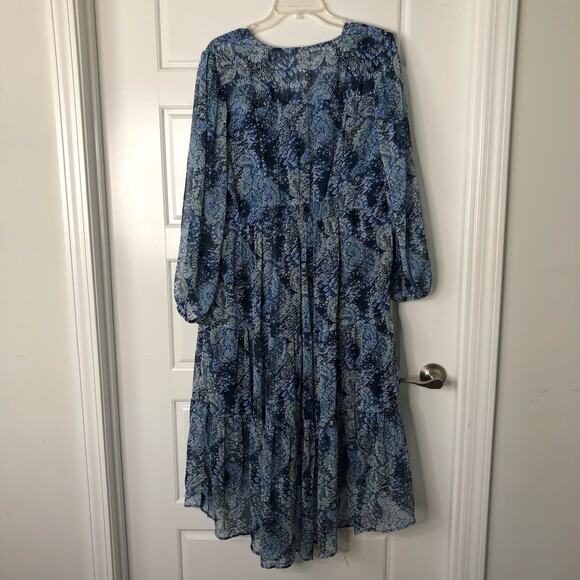 Joie NWT Wms Large Parisian Paisley Blue Printed Midi Dress Tiered Flowy - Picture 2 of 13